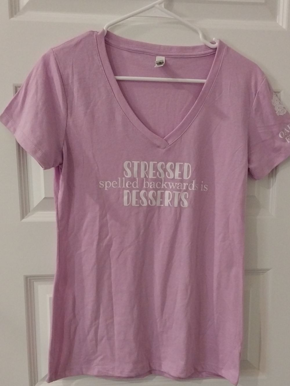 Lavender V-Neck Short Sleeve Tee with 'Stressed...Desserts' Print